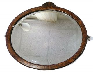 Antique Beveled Glass Oval Oak Framed Wall Hanging Mirror
