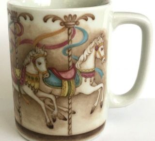 Otagiri Japan Carousel Horse Coffee Mug Cup Merry Go Round Ceramic Pink Ribbons