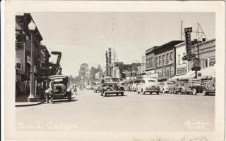 Rppc Post Card Bend Or Oregon Wall Street Signage Old Cars Tower Theater
