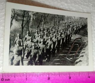 012 Ww2 Orig.  Photo German Soldiers Helmets Rifles Marching Text 3 X 4 Inch