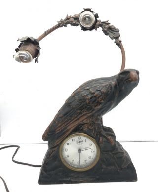 Large Antique Art Nouveau Cold Painted Metal Bald Eagle Spelter Clock Lamp Rare