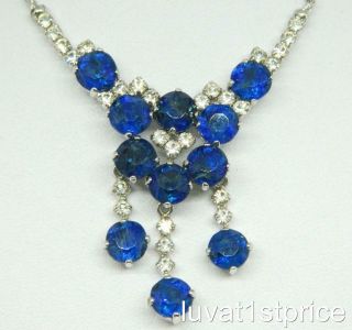 Vtg Christian Dior Cobalt Blue & Clear Rhinestone Festoon Dangle Tassel Necklace