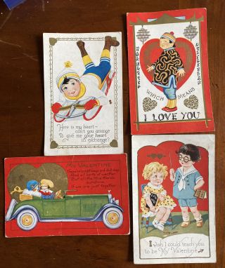 4 Vintage Valentines Day Post Cards,  1920 