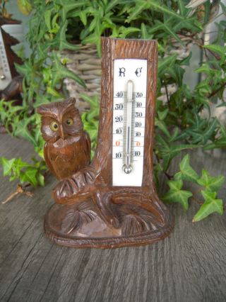 Antique Black Forest Wood Carved Owl With Thermometer