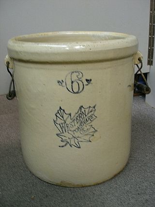 Huge Antique Western Stoneware Co.  6 Gallon Crock With Bail Handles Monmouth,  Il