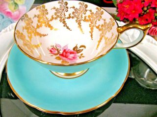 Aynsley Tea Cup And Saucer Baby Blue Athens Shape Pink Rose Gold Gilt Teacup