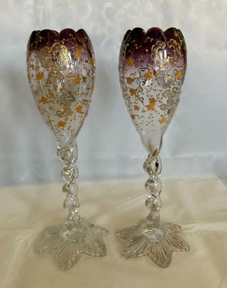 Pair Antique Moser Style Purple Clear Twisted Stem Vases W Gold Trim & Enameling