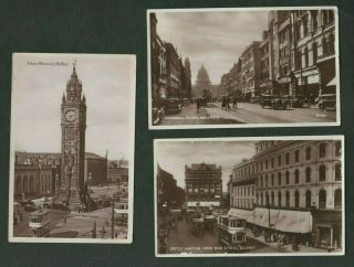 3 X Vintage 1942 Ww2 Belfast Photo Postcards,  Busy Scenes - Trams,  Cars,  Shops
