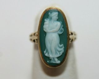 Antique Vintage Solid 14k Yellow Gold Green Cameo Ring Sz 3 Filigree
