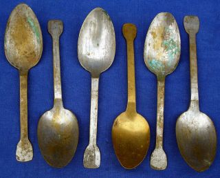 Rare 18th Century Set Of 6 French Tinned Latten Brass Spoons Circa 1725