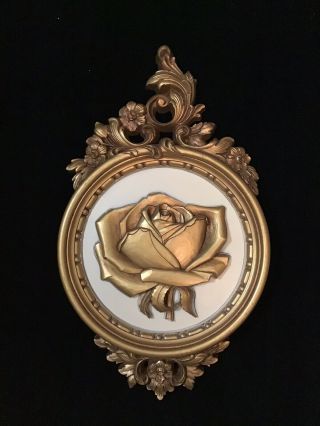 Vintage Gold White Rose Plaque Wall Decor Dart Industries 1970’s
