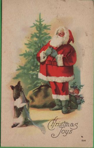Vintage Santa Clause Christmas Postcard Santa Teaching Dog To Do Tricks By Tree
