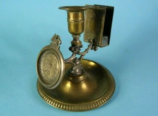 Rare Antique Brass & Silver Plate Candle Holder W/ Pocket Watch & Match Holders