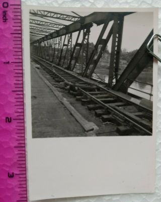 033 Ww2 Orig.  Photo German Destroyed Train Tracks On The Bridge 2.  5 X 2.  5 Inch