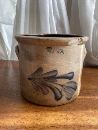 Antique Salt Glazed Stoneware " Evan B.  Jones Pittston Pa.  " Blue Tulip Crock Chip
