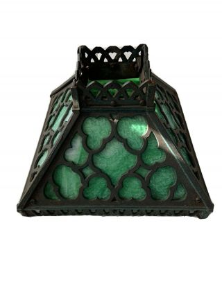 Antique Early 1900s Ornate Metal Frame Green Slag Glass Lamp Shade 4 Panels