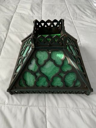 Antique Early 1900s Ornate Metal Frame Green Slag Glass Lamp Shade 4 panels 2