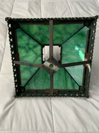 Antique Early 1900s Ornate Metal Frame Green Slag Glass Lamp Shade 4 panels 3
