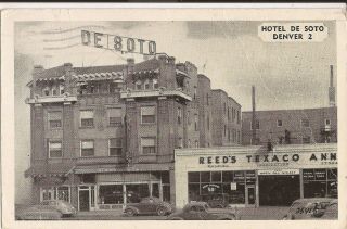 Real Photo: Denver,  Colorado - Hotel Desoto - 1944 - Texaco Gas Station,  Old Cars