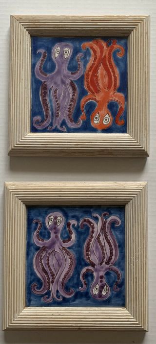 Pair Desimone Italy Modernist 188 Framed 2 Octopus Tiles Purple Red Blue 6”sq