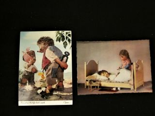 2 Vintage Postcards: Kathe Kruse Dolls & Steiff Mecki The Hedgehog