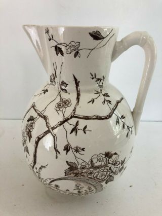 Antique Brown And White Transferware Pitcher England 10 3/4 " Vintage Floral