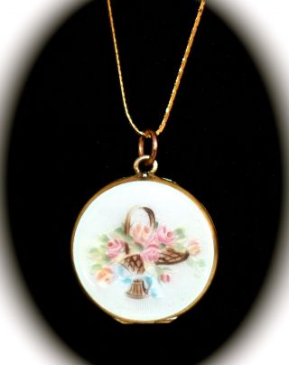 Antique Sterling Silver Dbl Sided Enamel Guilloche Hand Painted Locket Necklace