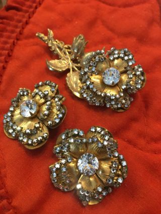 Vintage Signed Miram Haskell Rhinestone Rose Brooch Pin And Earrings