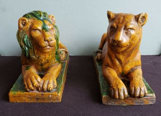 Classic: Italian Glazed Terra Cotta Lion,  Lioness Pair Mustard To Green