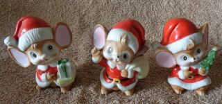 Set Of 3 - Vintage Home Interior Christmas Santa Mice Figurine - Porcelain - 5405