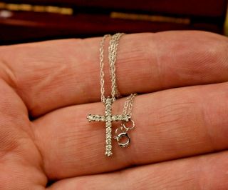 Estate Vintage 14k White Gold.  32 Ct Diamond Cross Pendant Chain Necklace 16 "