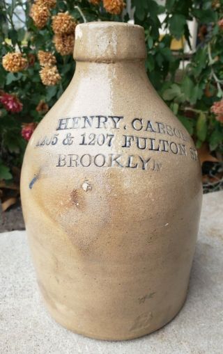 Rare Antique Pre Pro Stoneware Whiskey Jug Henry Carson Brooklyn Ny 1 Qt