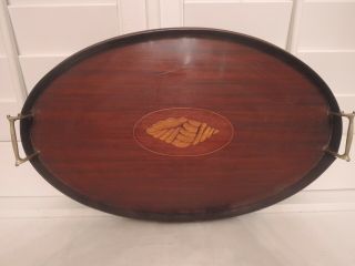 Antique English Inlaid Mahogany Wooden Tea Tray Brass Handles Butler Platter
