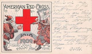 American Red Cross Poster Style Pc,  Santa Claus & Old Man Year 1909