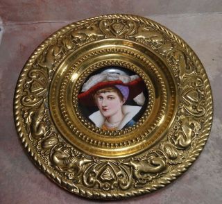 Antique German Porcelain Hand Painted Portrait Brass Repouse Wall Charger Frame