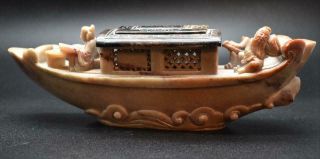 Large Antique / Vintage Chinese Carved Soapstone Boat / Barge With Figures