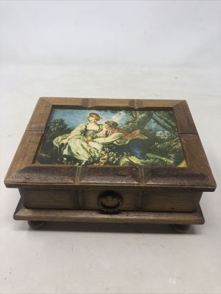 Vintage Wooden Music Jewelry Box With Design On Top And Fuji Movement