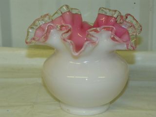 Vintage Fenton (?) Glass Ruffled Edge White Vase With Pink Inside