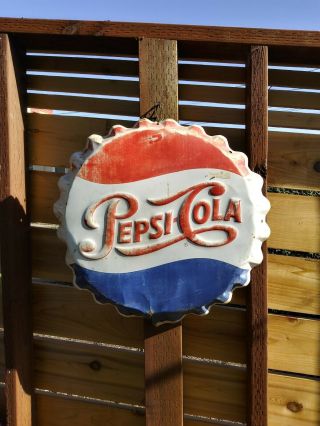 Vintage 1960s Pepsi Cola Soda Pop Bottle Cap Gas Station 19 " Embossed Metal Sign