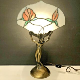 Vintage Art Deco Style Lamp Nude Lady With Stained Glass Fan Panel
