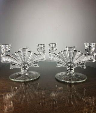 Antique 20s Art Deco Depression Glass Two Stick Candle Holder Pair