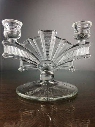 Antique 20s ART DECO DEPRESSION GLASS TWO STICK CANDLE HOLDER PAIR 2