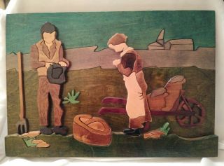 Puckane Craft Ltd Signed Ireland Wood Folk Art Farm Life Plaque Handmade Wagon