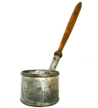 Mid - Late 19th C American Antique Primitive Tin Ladle,  W/lathe Turned Wood Handle