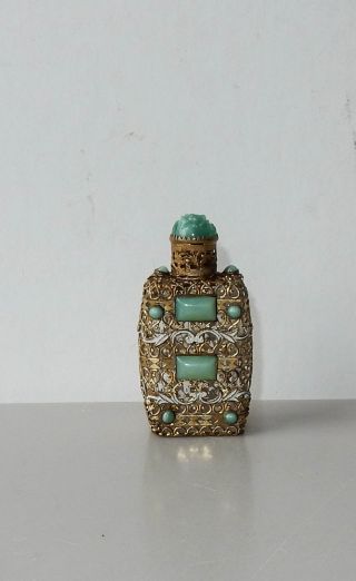 Antique Czech Glass Perfume Bottle Mini Green Rhinestone Filigree Enamel