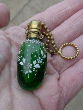 Antique Victorian Green Glass Enamel Violets Scent Perfume Bottle Chatelaine