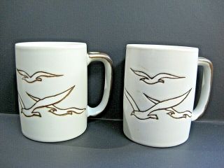 2 Glazed Stoneware Otagiri Style Seagull Ocean Coffee Tea Cups Mugs Brown Tan