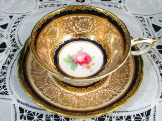 Paragon Cobalt Blue Ornate Gold Designs Pink Rose Tea Cup And Saucer