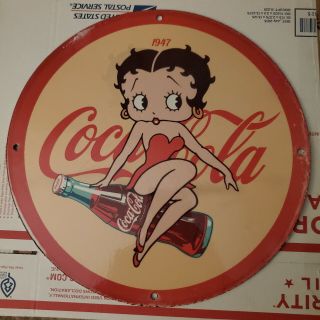 Vintage Porcelain 1947 Coca - Cola Soda Pop Betty Boop Pin Up Man Cave Bar Sign