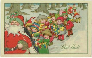 Artist Drawn Old Postcard Father Christmas Santa Claus With Children Emboss 1913